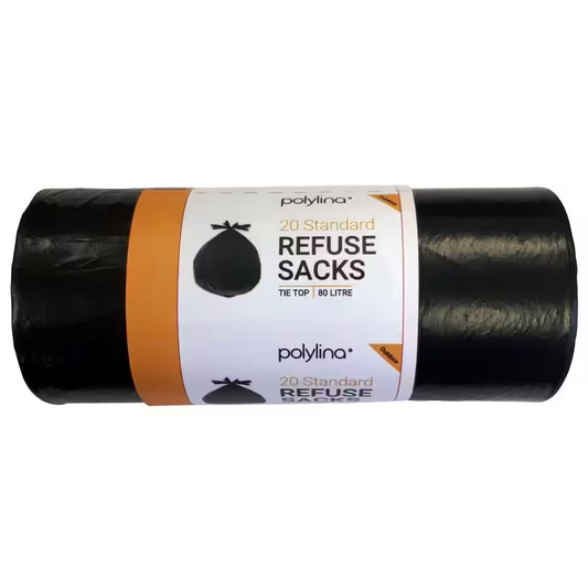 Polylina Tie Top Bin Bags 80 L Carrying Handle Black PE (Polyethylene) 22 Microns Pack of 20